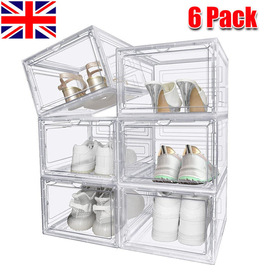 6-Pack Clear Stackable Shoe Storage Boxes | Heavy-Duty Plastic Shoe Organiser